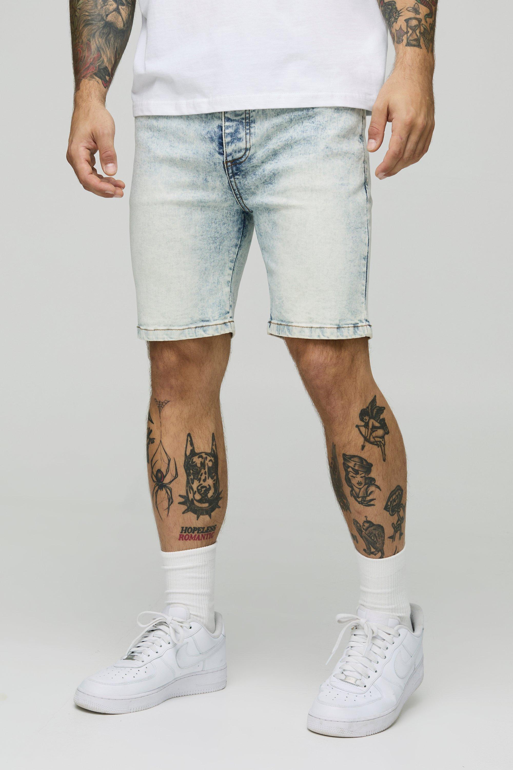 Mens Blue Skinny Fit Acid Wash Denim Shorts, Blue
